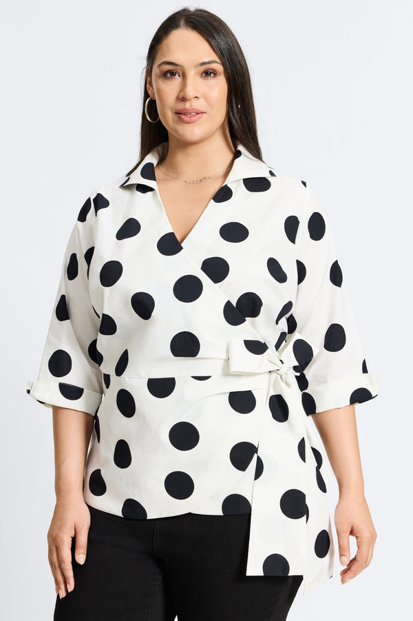 Foxcroft Salina Plus Black & White Dot 3/4 Sleeve Shirt