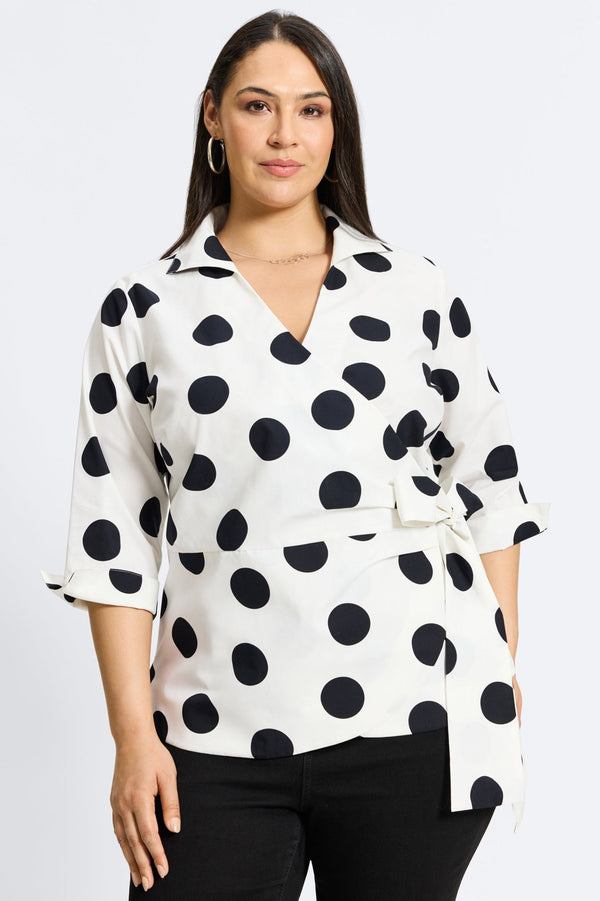 foxcroft Salina Plus Black & White Dot 3/4 Sleeve Shirt