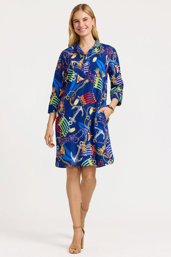 foxcroft Sloane Linen Nautical Flags 3/4 Sleeve Dress