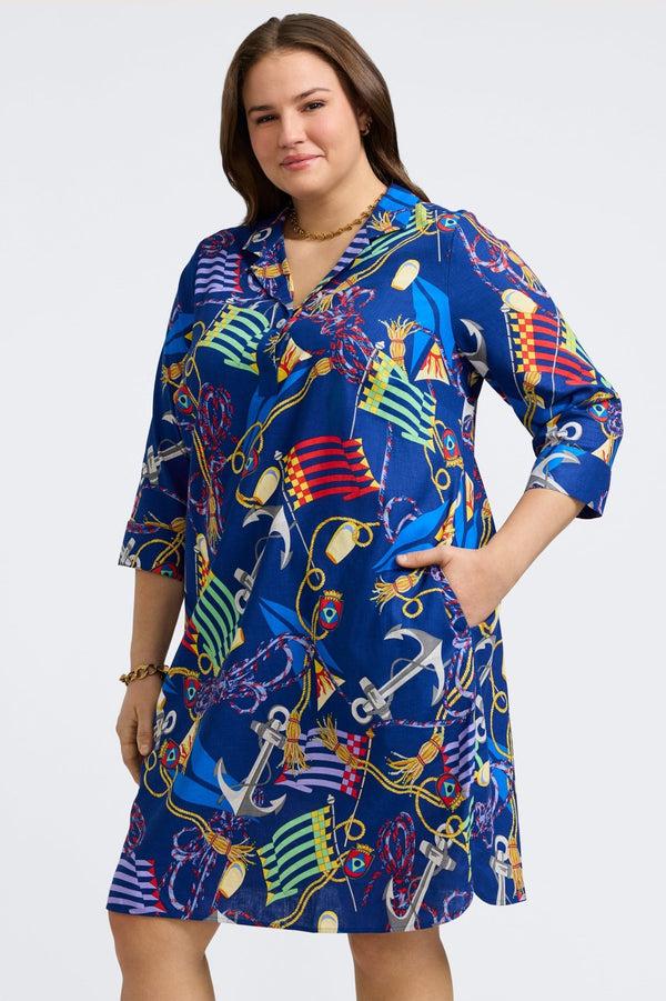 Foxcroft Sloane Plus Linen Nautical Flags 3/4 Sleeve Dress