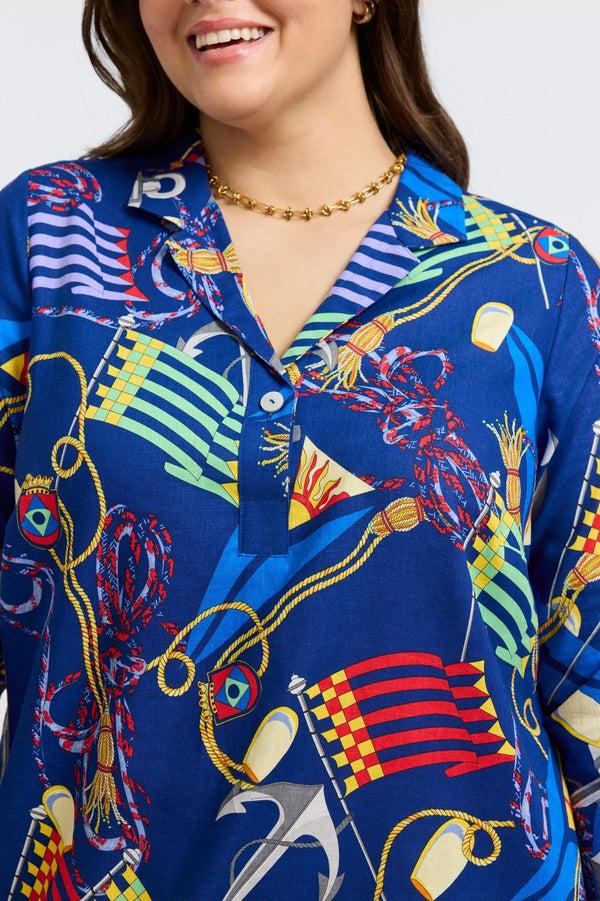 Foxcroft Sloane Plus Linen Nautical Flags 3/4 Sleeve Dress