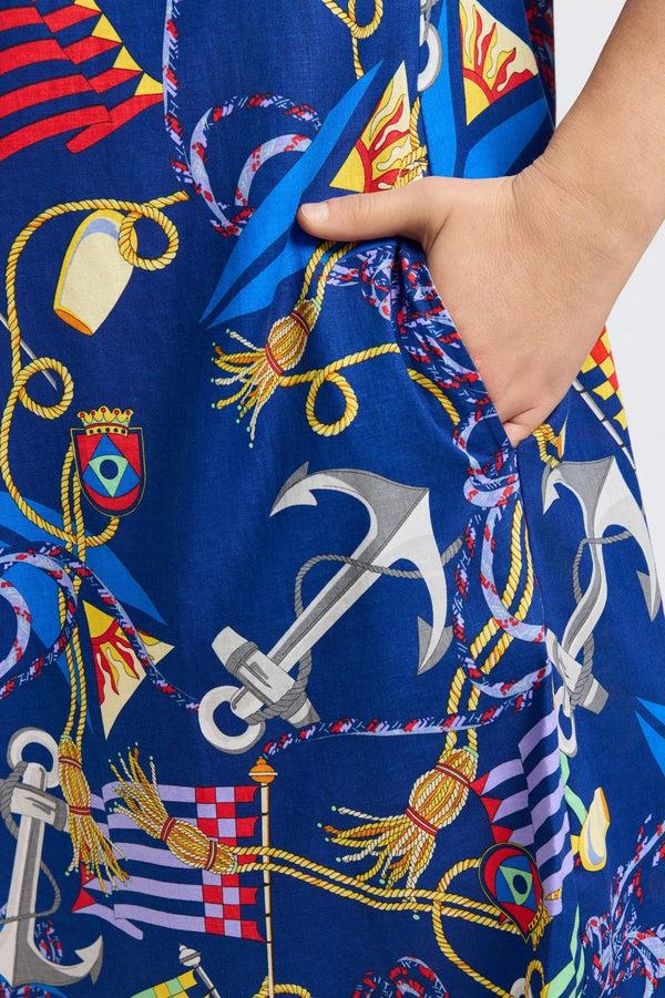 Foxcroft Sloane Plus Linen Nautical Flags 3/4 Sleeve Dress