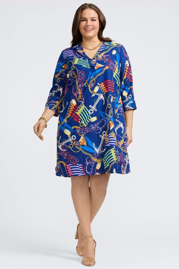 foxcroft Sloane Plus Linen Nautical Flags 3/4 Sleeve Dress