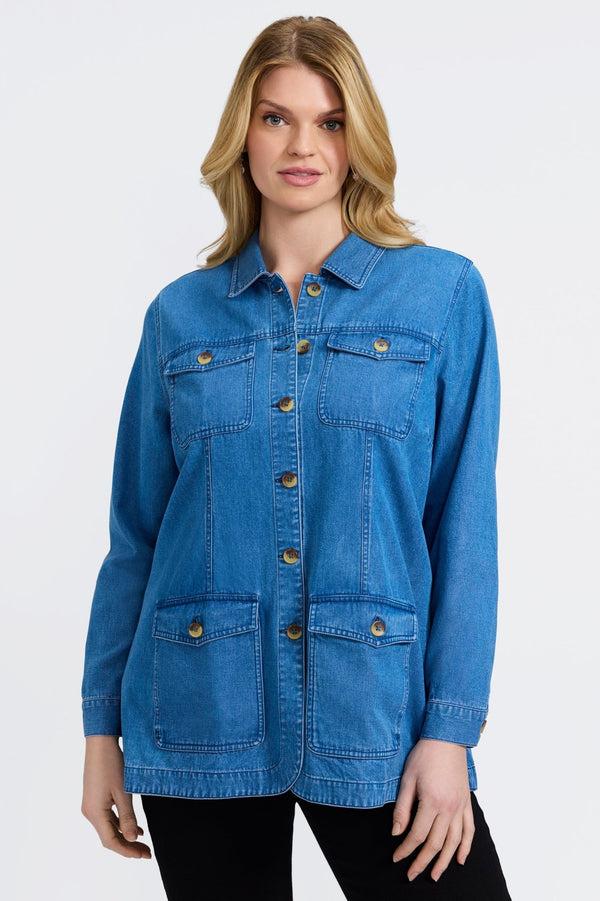 Foxcroft Stella Plus Tencel® Denim Long Sleeve Belted Jacket