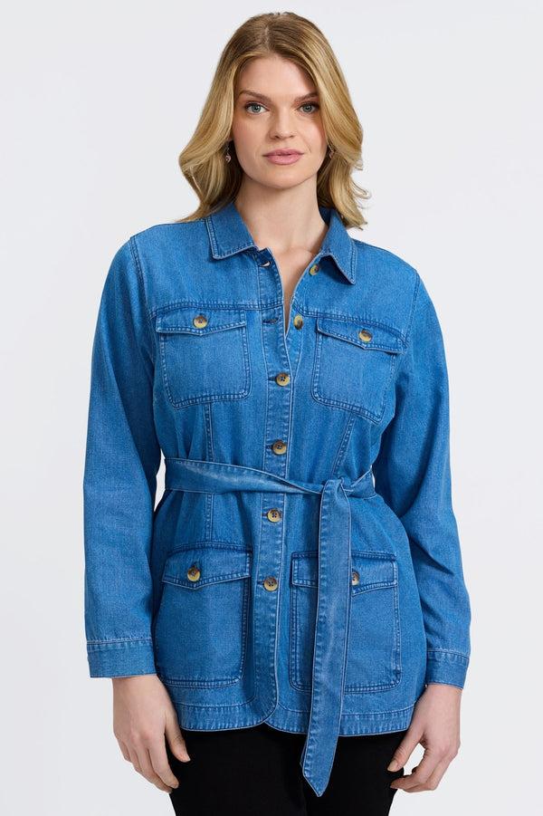 foxcroft Stella Plus Tencel® Denim Long Sleeve Belted Jacket