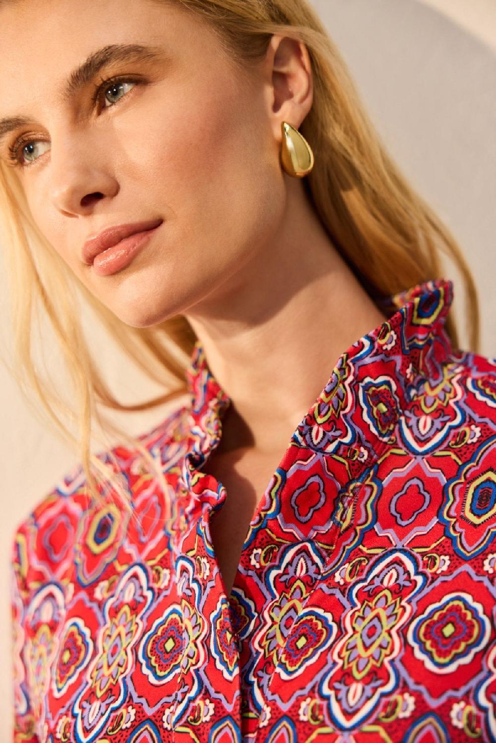 Foxcroft Tammy Geometric Tile Knit Crepe 3/4 Sleeve Popover Shirt