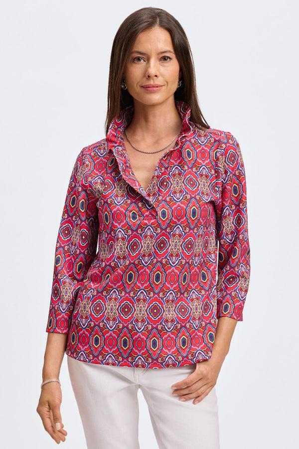 Foxcroft Tammy Geometric Tile Knit Crepe 3/4 Sleeve Popover Shirt