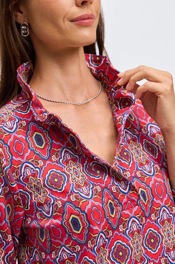 Foxcroft Tammy Geometric Tile Knit Crepe 3/4 Sleeve Popover Shirt