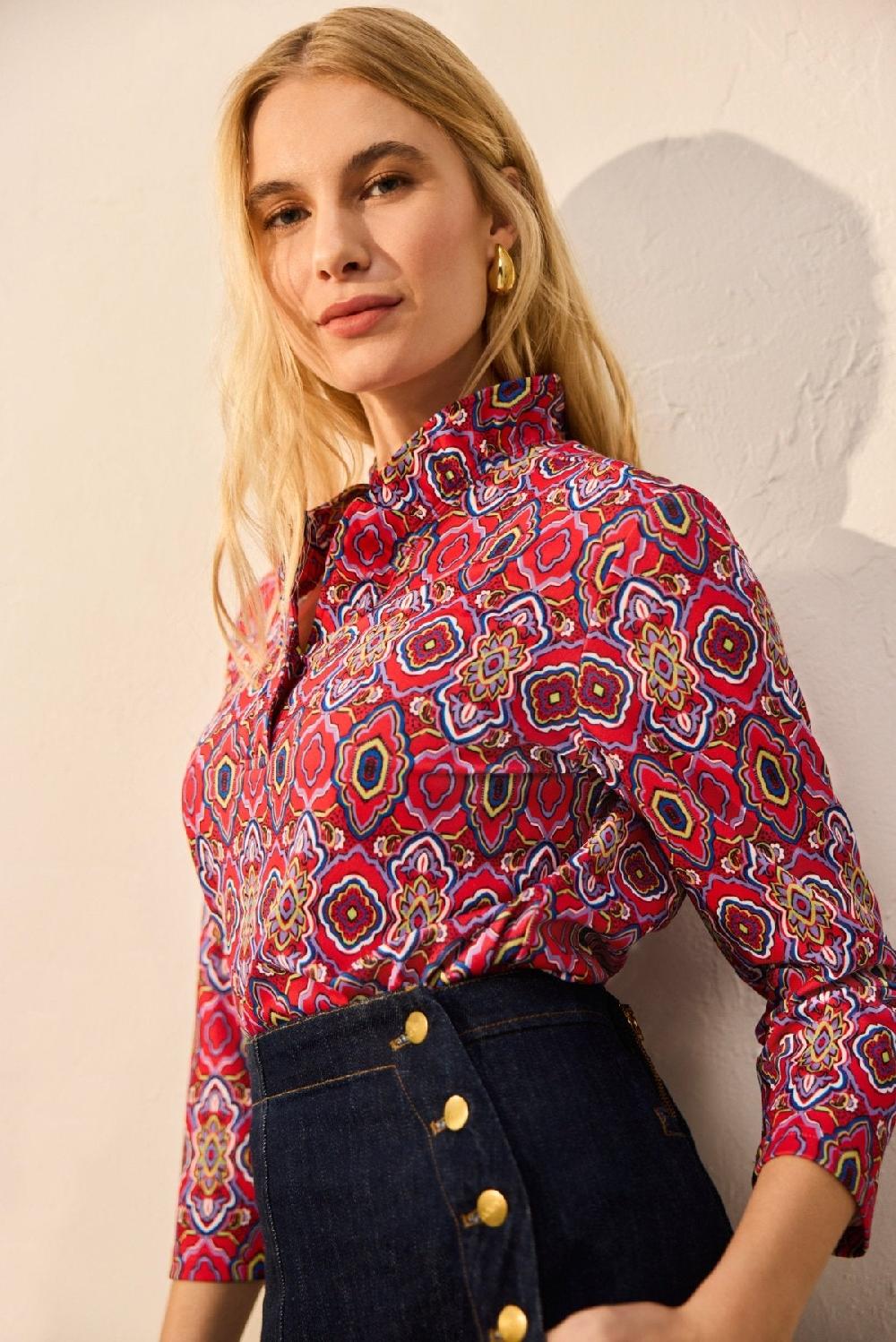 foxcroft Tammy Geometric Tile Knit Crepe 3/4 Sleeve Popover Shirt