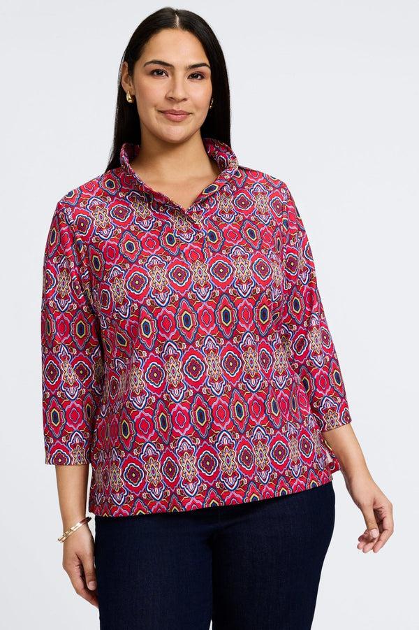 Foxcroft Tammy Plus Geometric Tile Knit Crepe 3/4 Sleeve Popover Shirt