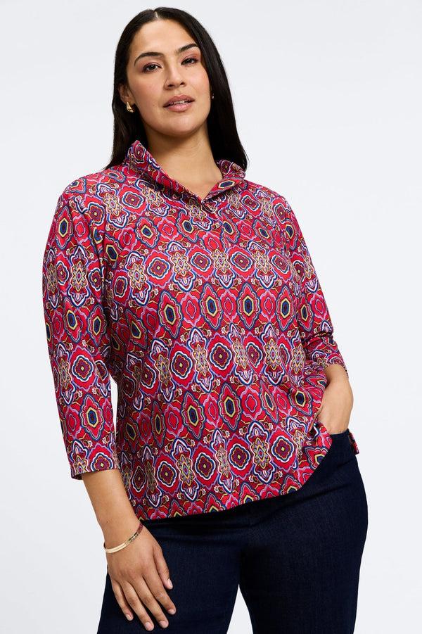 foxcroft Tammy Plus Geometric Tile Knit Crepe 3/4 Sleeve Popover Shirt