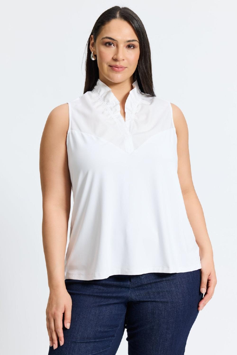 Foxcroft Tammy Plus Knit-Woven Ruffle Collar Sleeveless Layering Tank