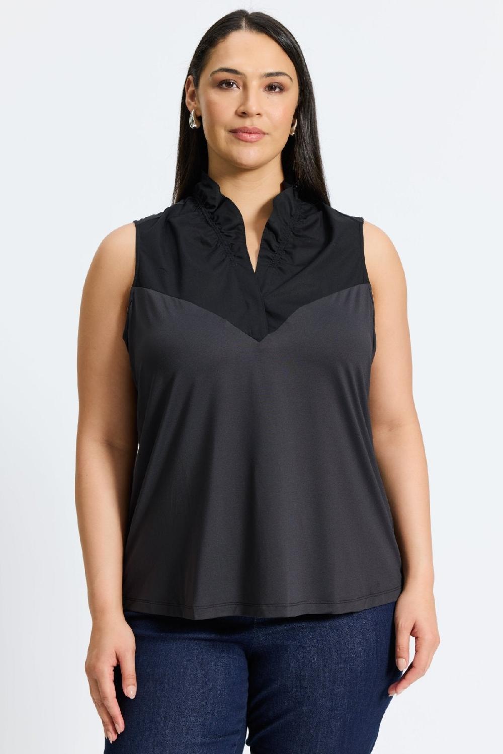 foxcroft Tammy Plus Knit-Woven Ruffle Collar Sleeveless Layering Tank