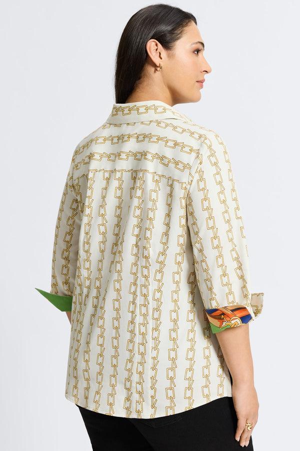 Foxcroft Taylor Plus No Iron Chain Stripe Print 3/4 Sleeve Shirt