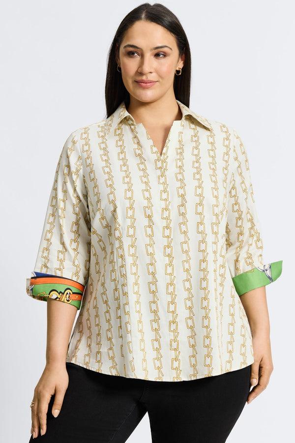 foxcroft Taylor Plus No iron Chain Stripe Print 3/4 Sleeve Shirt