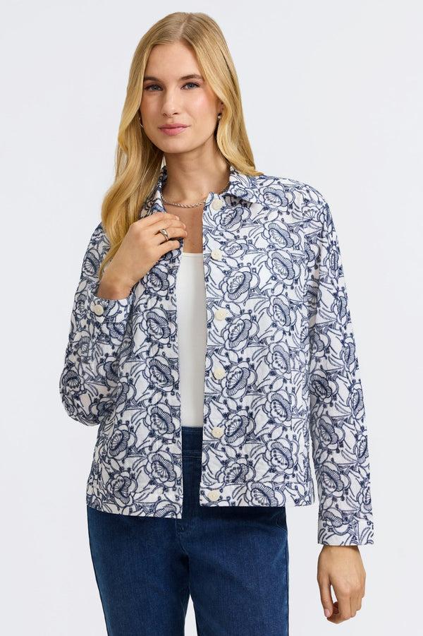 foxcroft Thelma Allover Eyelet Long Sleeve Jean Jacket