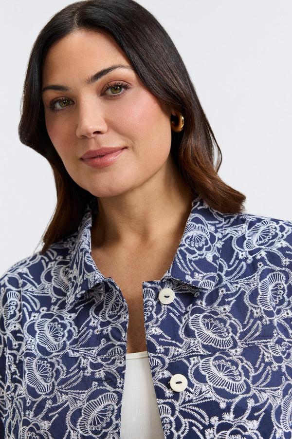 Foxcroft Thelma Plus Allover Eyelet Long Sleeve Jean Jacket