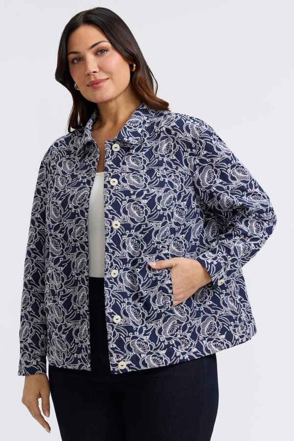 foxcroft Thelma Plus Allover Eyelet Long Sleeve Jean Jacket