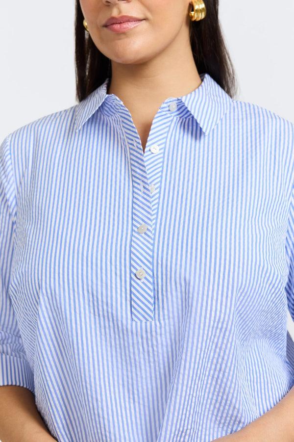 Foxcroft Therese Plus Seersucker Thin Stripe 3/4 Sleeve Popover Shirt