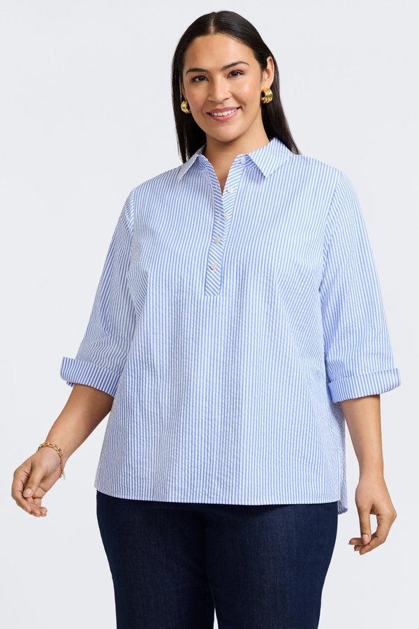 foxcroft Therese Plus Seersucker Thin Stripe 3/4 Sleeve Popover Shirt