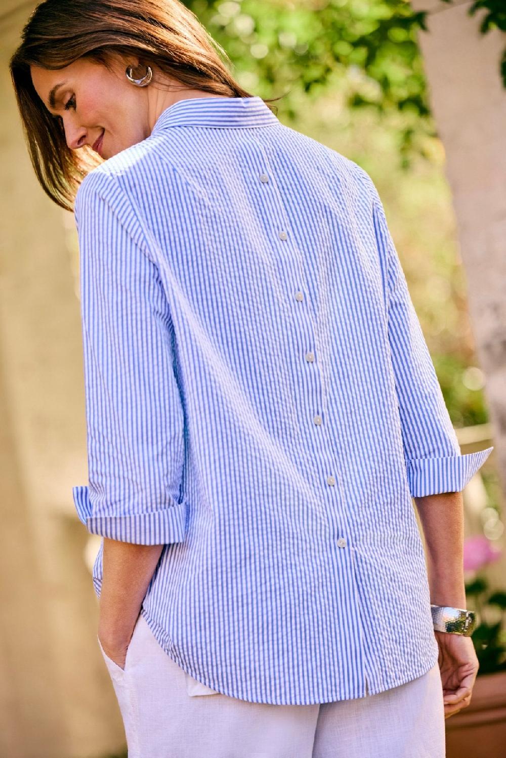 Foxcroft Therese Seersucker Thin Stripe 3/4 Sleeve Popover Shirt