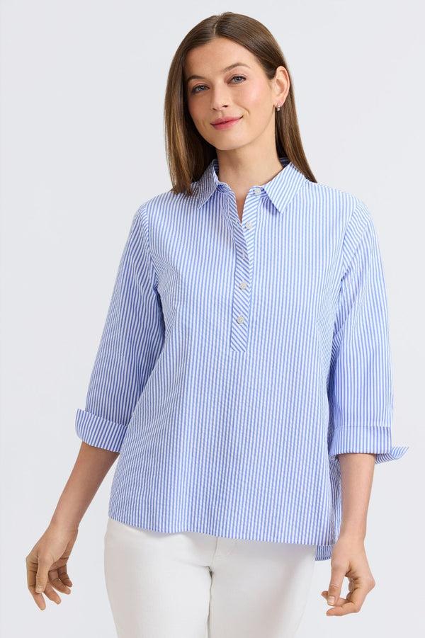 Foxcroft Therese Seersucker Thin Stripe 3/4 Sleeve Popover Shirt