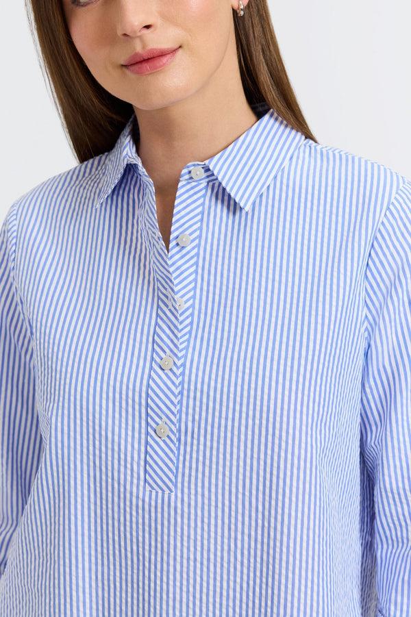 Foxcroft Therese Seersucker Thin Stripe 3/4 Sleeve Popover Shirt