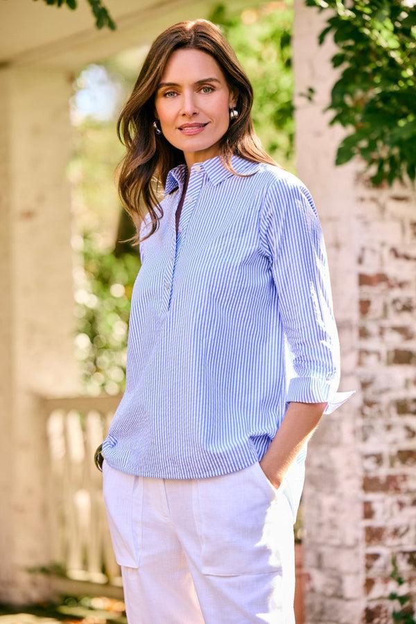 foxcroft Therese Seersucker Thin Stripe 3/4 Sleeve Popover Shirt