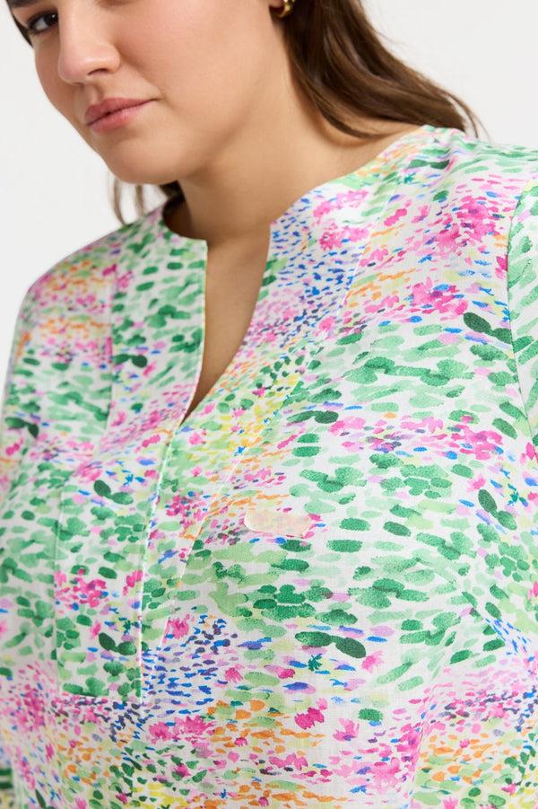 Foxcroft Vena Plus Linen Impressionist Floral 3/4 Sleeve Dress