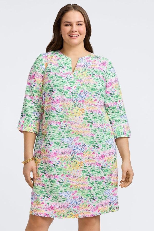 Foxcroft Vena Plus Linen Impressionist Floral 3/4 Sleeve Dress