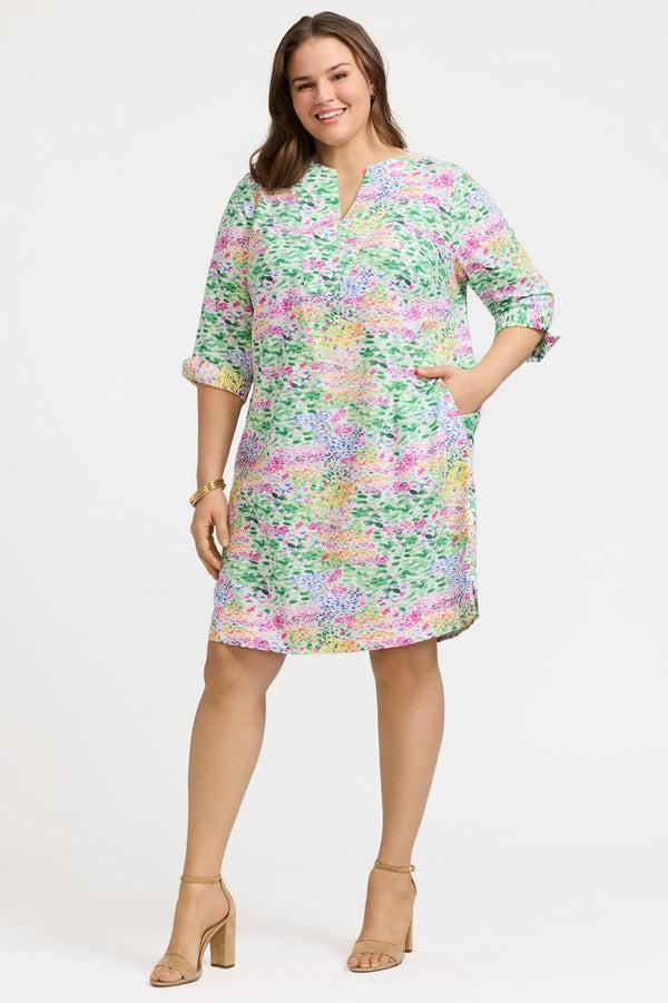 foxcroft Vena Plus Linen Impressionist Floral 3/4 Sleeve Dress