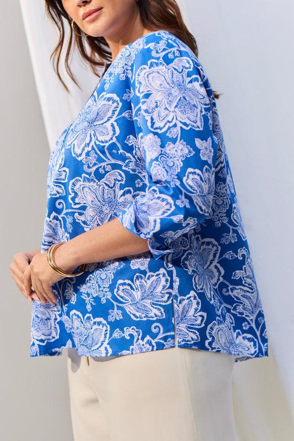 Foxcroft Vena Plus Woodblock Floral 3/4 Sleeve Popover Shirt