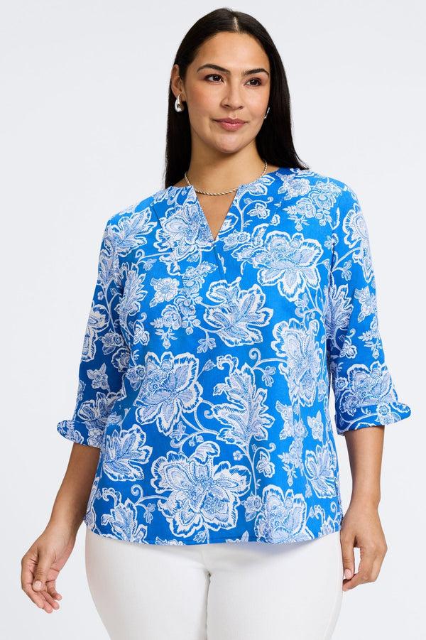 Foxcroft Vena Plus Woodblock Floral 3/4 Sleeve Popover Shirt