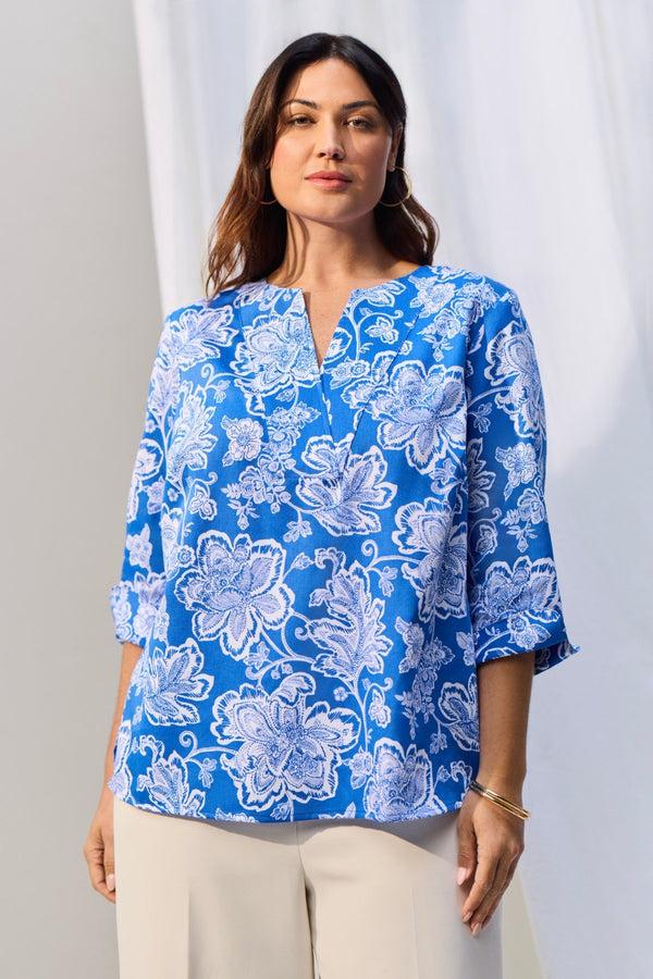 foxcroft Vena Plus Woodblock Floral 3/4 Sleeve Popover Shirt