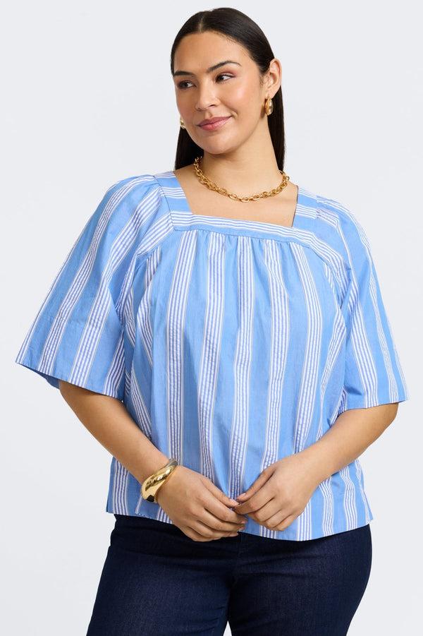Foxcroft Violet Plus Seersucker Variegated Stripe Elbow Sleeve Popover Shirt