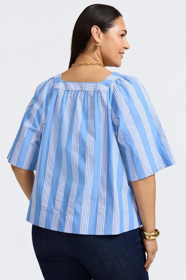 Foxcroft Violet Plus Seersucker Variegated Stripe Elbow Sleeve Popover Shirt