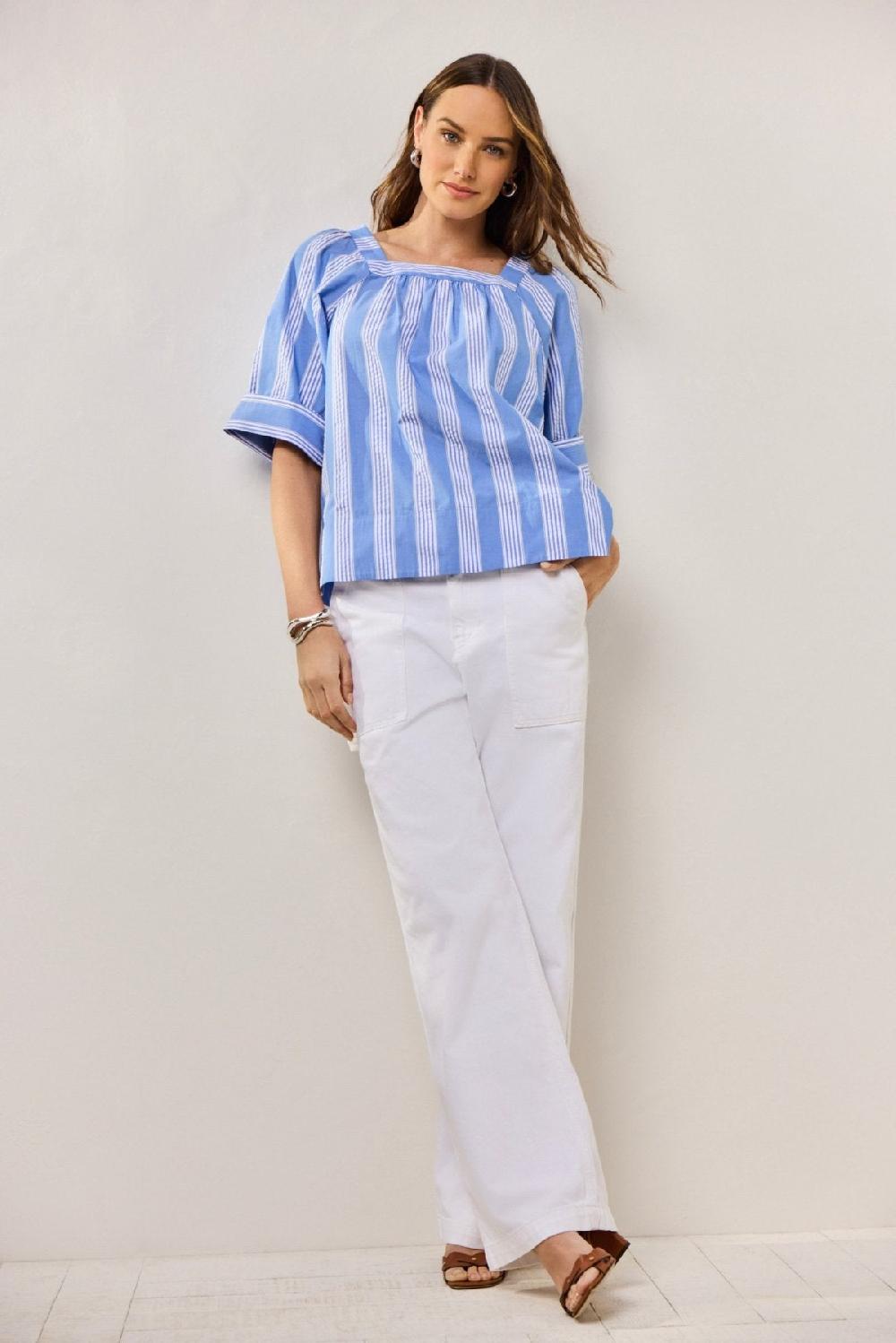 Foxcroft Violet Seersucker Variegated Stripe Elbow Sleeve Popover Shirt