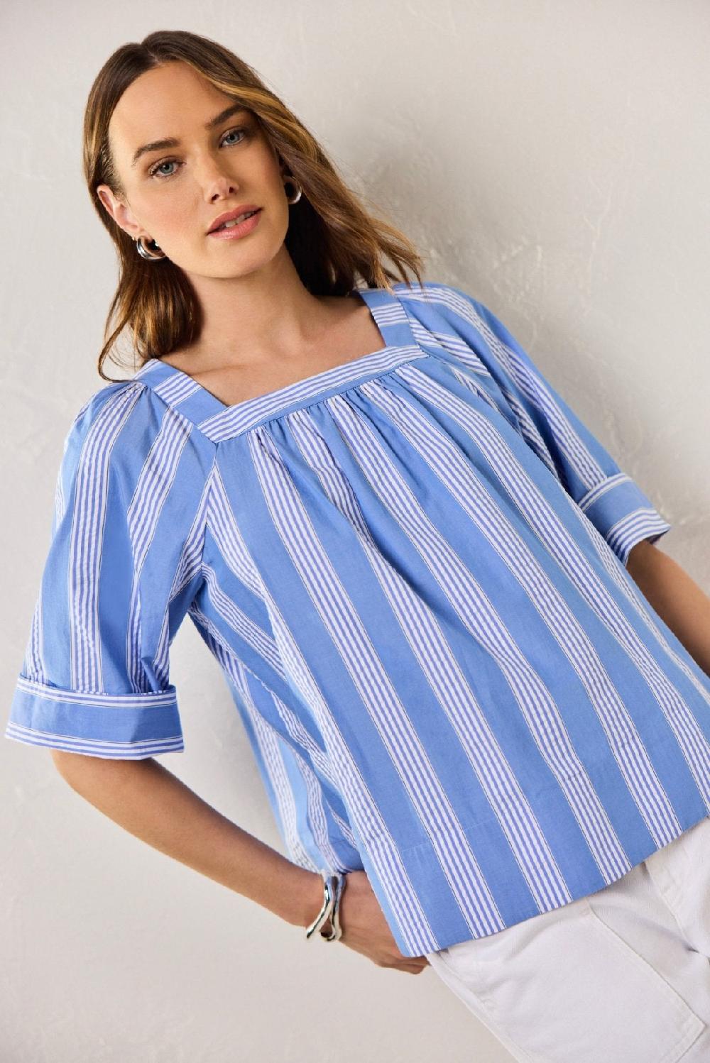 Foxcroft Violet Seersucker Variegated Stripe Elbow Sleeve Popover Shirt