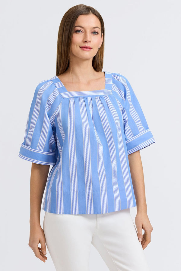 Foxcroft Violet Seersucker Variegated Stripe Elbow Sleeve Popover Shirt