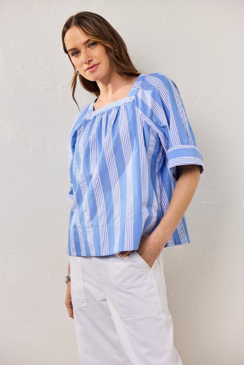 foxcroft Violet Seersucker Variegated Stripe Elbow Sleeve Popover Shirt