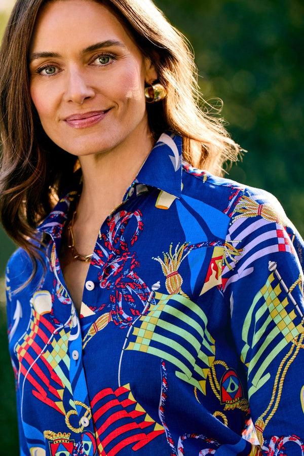 Foxcroft Zoey Linen Nautical Flags 3/4 Sleeve Shirt