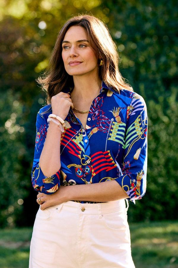 Foxcroft Zoey Linen Nautical Flags 3/4 Sleeve Shirt