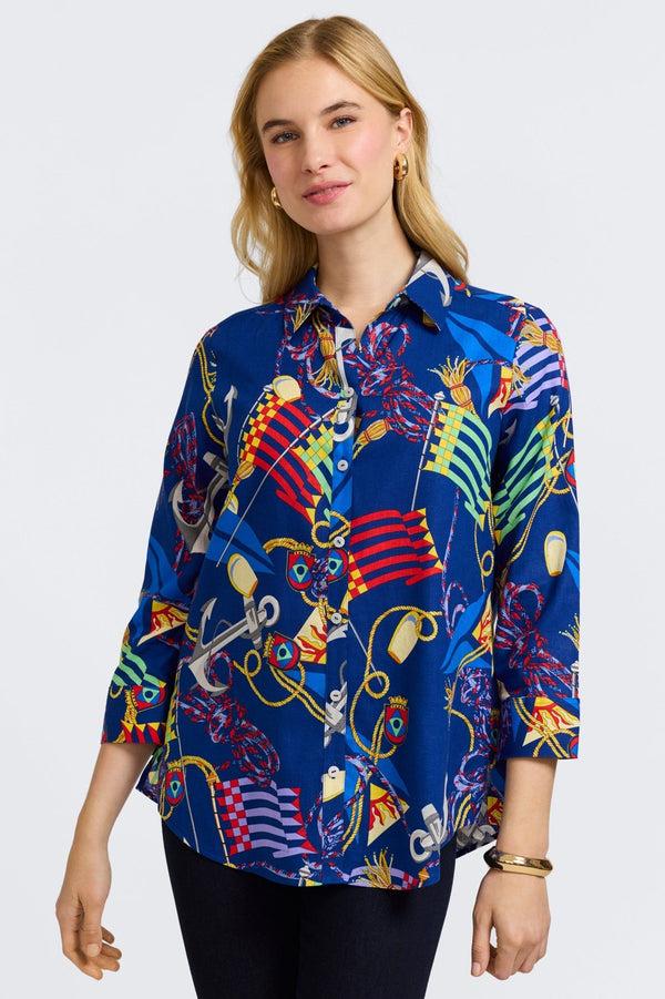 Foxcroft Zoey Linen Nautical Flags 3/4 Sleeve Shirt