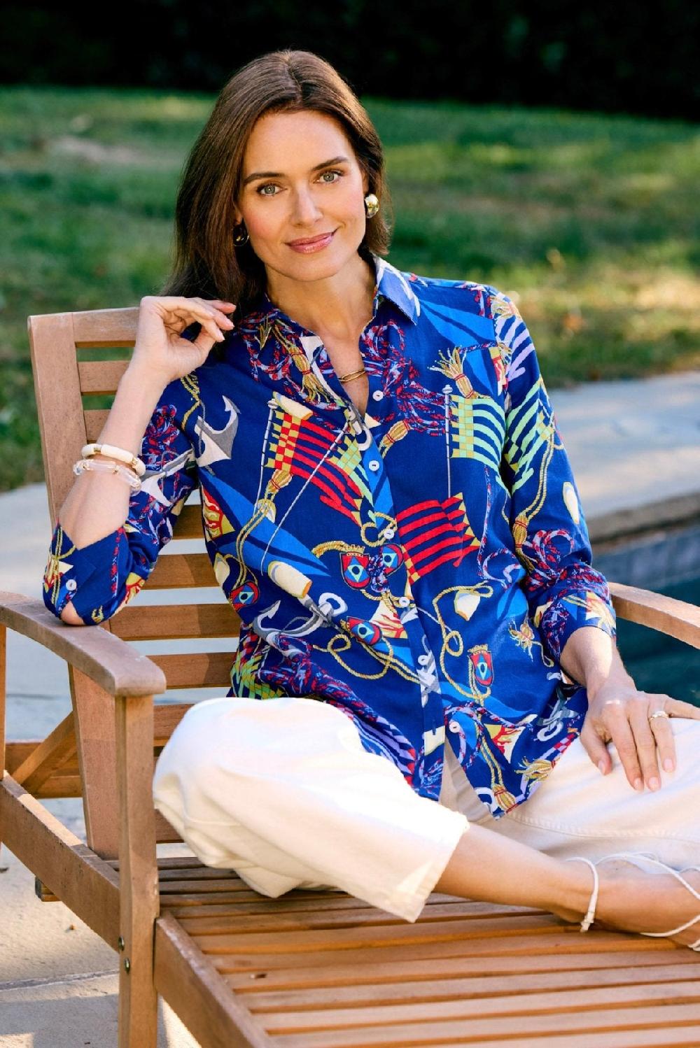 foxcroft Zoey Linen Nautical Flags 3/4 Sleeve Shirt