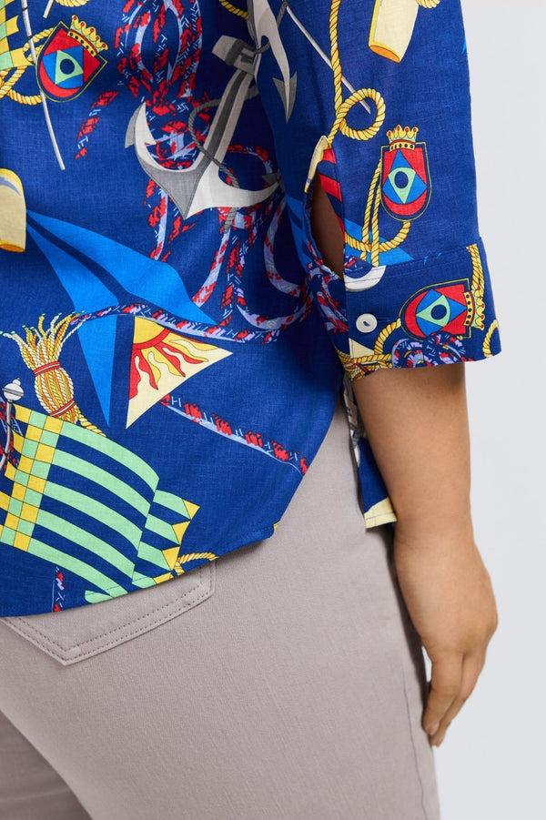 Foxcroft Zoey Plus Linen Nautical Flags 3/4 Sleeve Shirt
