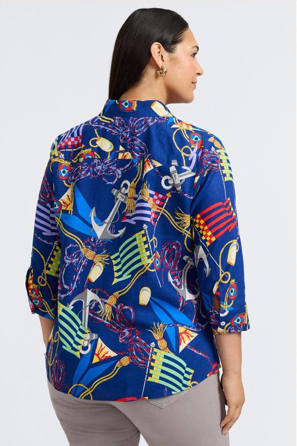 Foxcroft Zoey Plus Linen Nautical Flags 3/4 Sleeve Shirt