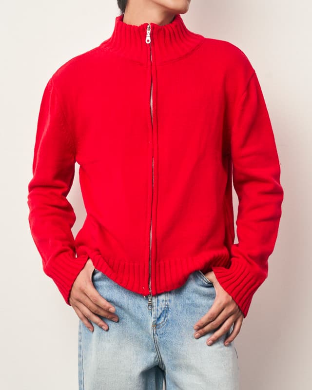 Fragile FRAGILE® Red Knit Zip-Up Sweater