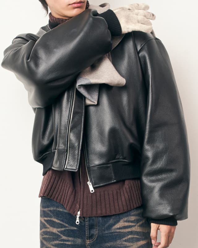 Fragile FRAGILE® Black Cropped Leather Bomber Jacket