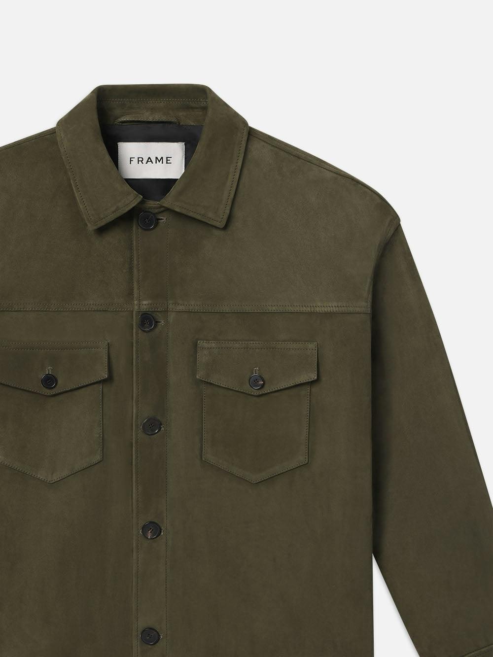 Frame Clean Suede Jacket In Dark Olive