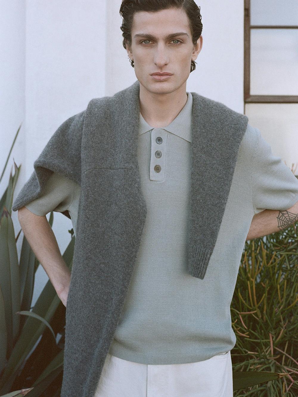 Frame Cotton Silk Polo Sweater In Grey Blue